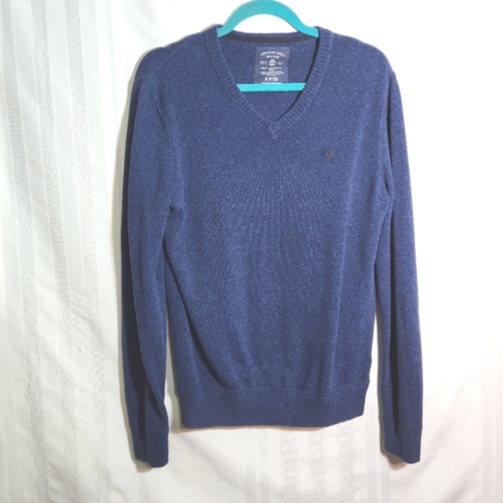 AMERICAN EAGLE MEN’S BLUE LONGSLEEVE PULLOVER V-NECK SWEATER SIZE SMALL